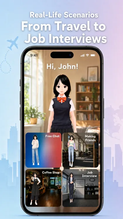 SpeakEgo real-life language scenarios including travel, coffee shops, and job interviews